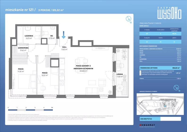 3 pokoje, mieszkanie 69,22 m², piętro 14, oferta nr A1/121, Zaspa Wysoko, Gdańsk, Zaspa, Zaspa-Młyniec, aleja Jana Pawła II