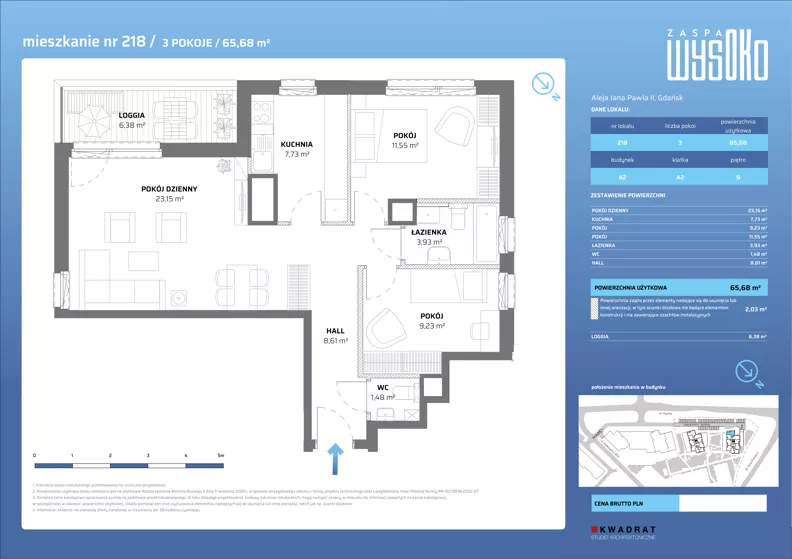 3 pokoje, mieszkanie 65,68 m², piętro 9, oferta nr A2/218, Zaspa Wysoko, Gdańsk, Zaspa, Zaspa-Młyniec, aleja Jana Pawła II