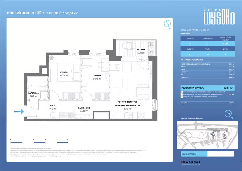 3 pokoje, mieszkanie 52,51 m², piętro 3, oferta nr A1/21, Zaspa Wysoko, Gdańsk, Zaspa, Zaspa-Młyniec, aleja Jana Pawła II