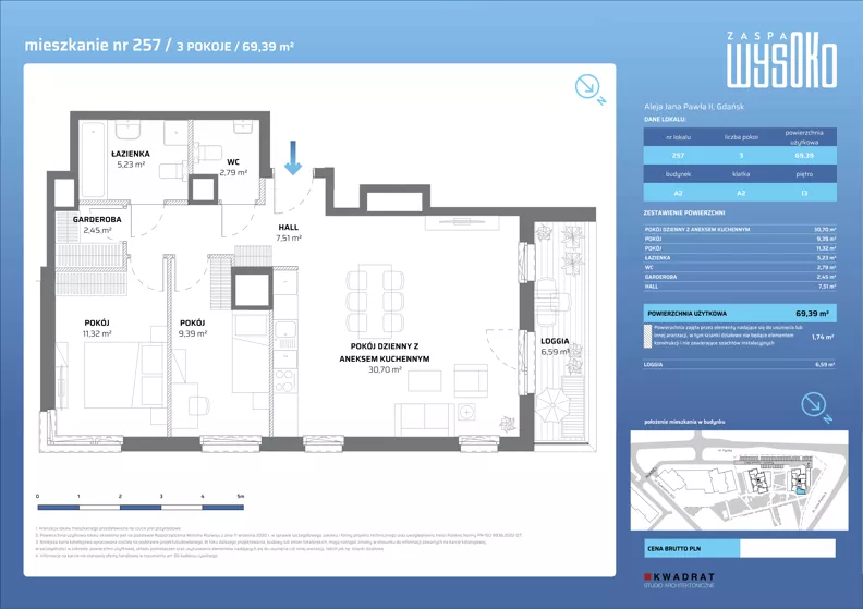 3 pokoje, mieszkanie 69,39 m², piętro 13, oferta nr A2/257, Zaspa Wysoko, Gdańsk, Zaspa, Zaspa-Młyniec, aleja Jana Pawła II