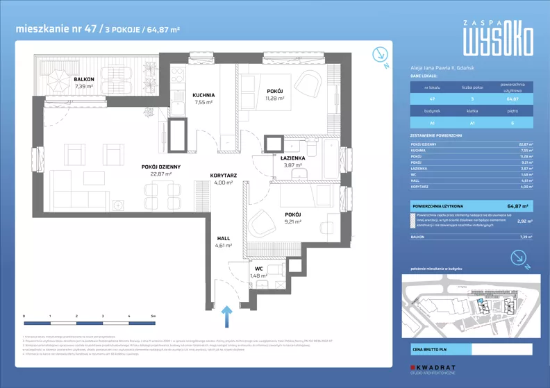 3 pokoje, mieszkanie 64,87 m², piętro 6, oferta nr A1/47, Zaspa Wysoko, Gdańsk, Zaspa, Zaspa-Młyniec, aleja Jana Pawła II