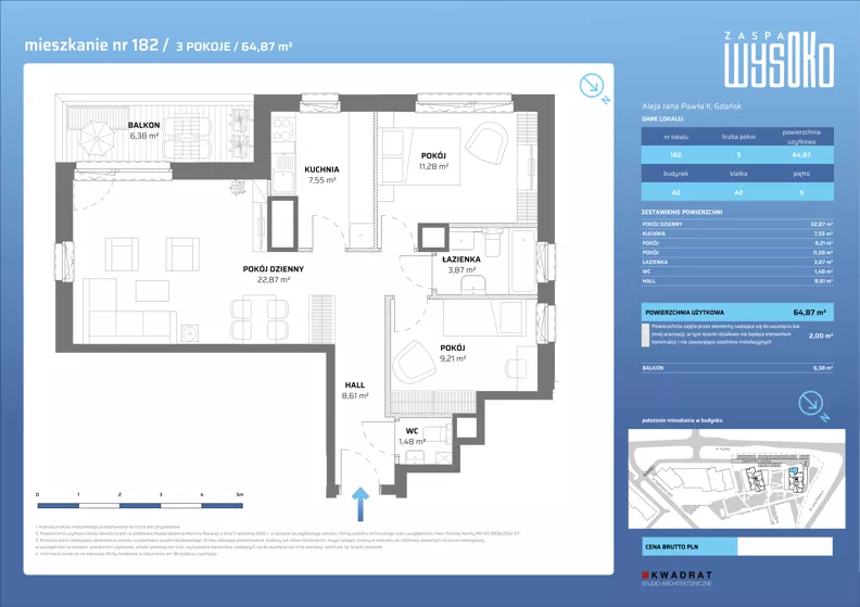 3 pokoje, mieszkanie 64,87 m², piętro 5, oferta nr A2/182, Zaspa Wysoko, Gdańsk, Zaspa, Zaspa-Młyniec, aleja Jana Pawła II