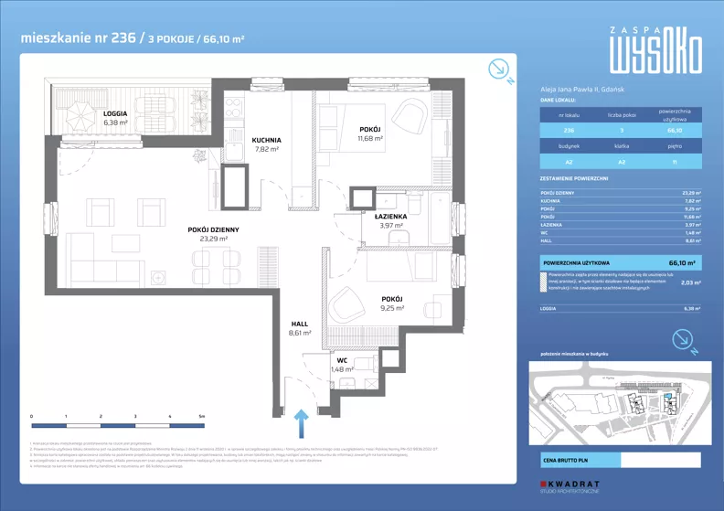 3 pokoje, mieszkanie 66,10 m², piętro 11, oferta nr A2/236, Zaspa Wysoko, Gdańsk, Zaspa, Zaspa-Młyniec, aleja Jana Pawła II