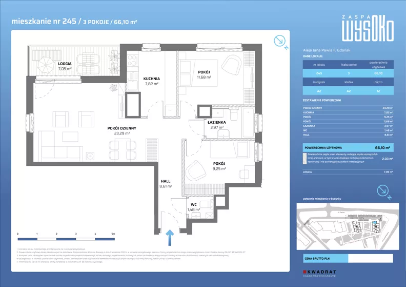 3 pokoje, mieszkanie 66,10 m², piętro 12, oferta nr A2/245, Zaspa Wysoko, Gdańsk, Zaspa, Zaspa-Młyniec, aleja Jana Pawła II