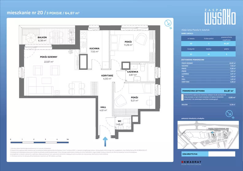 3 pokoje, mieszkanie 64,87 m², piętro 3, oferta nr A1/20, Zaspa Wysoko, Gdańsk, Zaspa, Zaspa-Młyniec, aleja Jana Pawła II