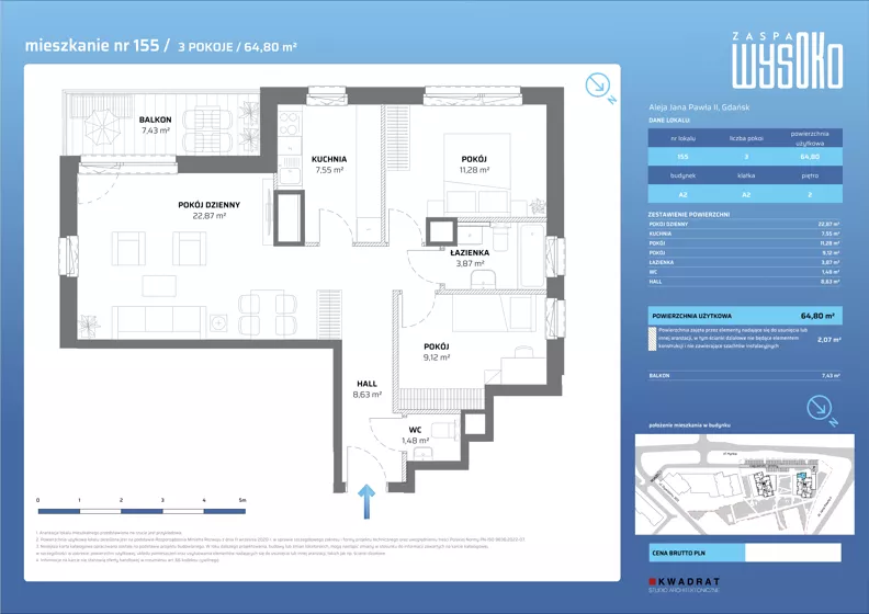 3 pokoje, mieszkanie 64,80 m², piętro 2, oferta nr A2/155, Zaspa Wysoko, Gdańsk, Zaspa, Zaspa-Młyniec, aleja Jana Pawła II