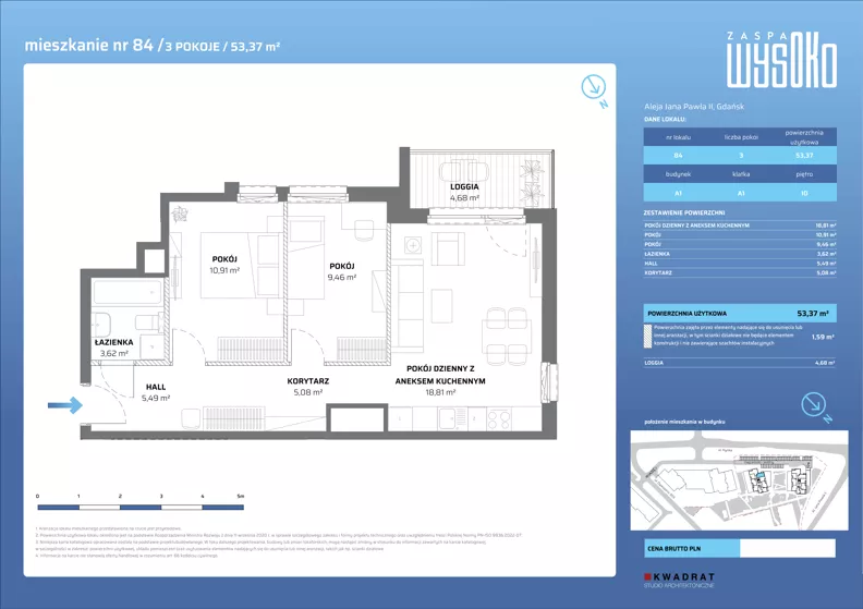 3 pokoje, mieszkanie 53,37 m², piętro 10, oferta nr A1/84, Zaspa Wysoko, Gdańsk, Zaspa, Zaspa-Młyniec, aleja Jana Pawła II