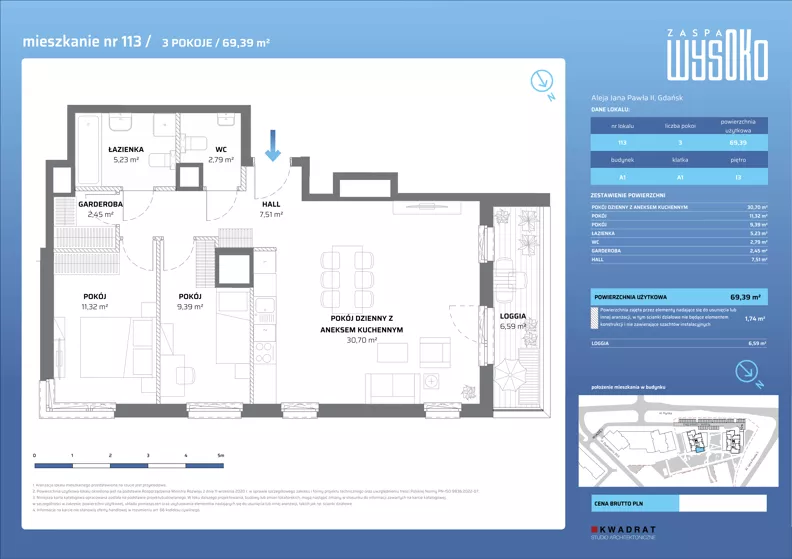 3 pokoje, mieszkanie 69,39 m², piętro 13, oferta nr A1/113, Zaspa Wysoko, Gdańsk, Zaspa, Zaspa-Młyniec, aleja Jana Pawła II