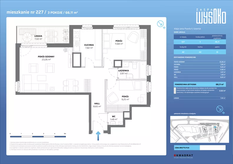 3 pokoje, mieszkanie 66,11 m², piętro 10, oferta nr A2/227, Zaspa Wysoko, Gdańsk, Zaspa, Zaspa-Młyniec, aleja Jana Pawła II