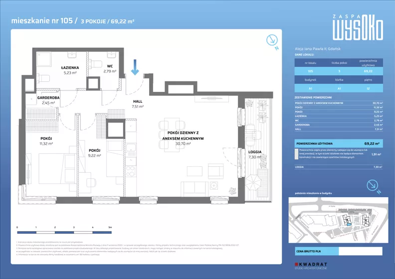 3 pokoje, mieszkanie 69,22 m², piętro 12, oferta nr A1/105, Zaspa Wysoko, Gdańsk, Zaspa, Zaspa-Młyniec, aleja Jana Pawła II