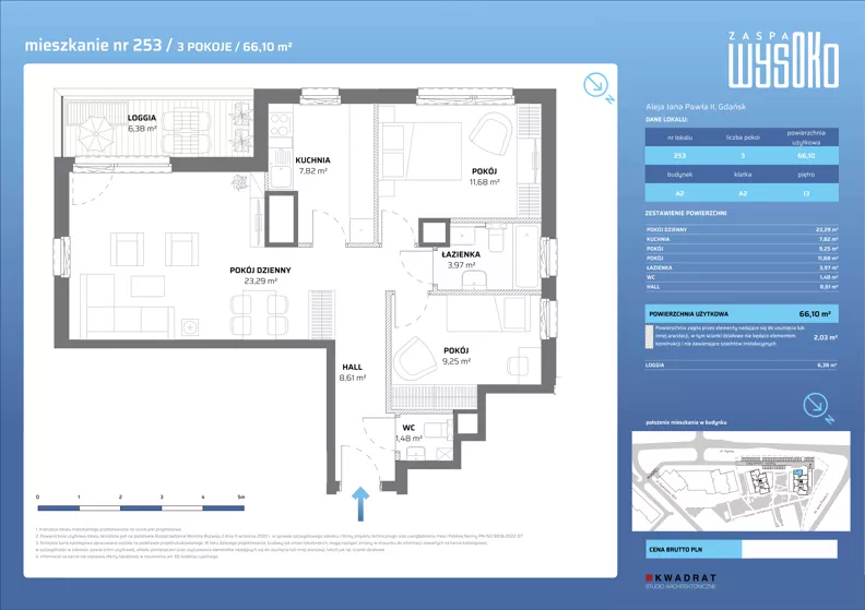 3 pokoje, mieszkanie 66,10 m², piętro 13, oferta nr A2/253, Zaspa Wysoko, Gdańsk, Zaspa, Zaspa-Młyniec, aleja Jana Pawła II