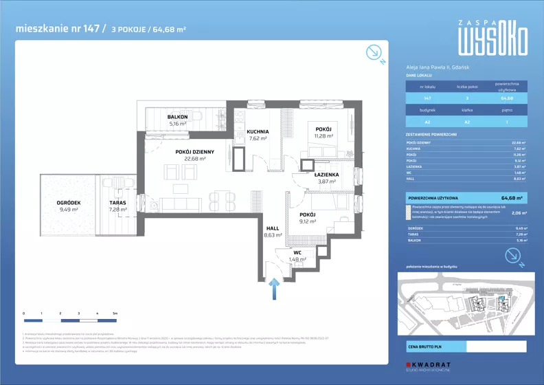 3 pokoje, mieszkanie 64,68 m², piętro 1, oferta nr A2/147, Zaspa Wysoko, Gdańsk, Zaspa, Zaspa-Młyniec, aleja Jana Pawła II