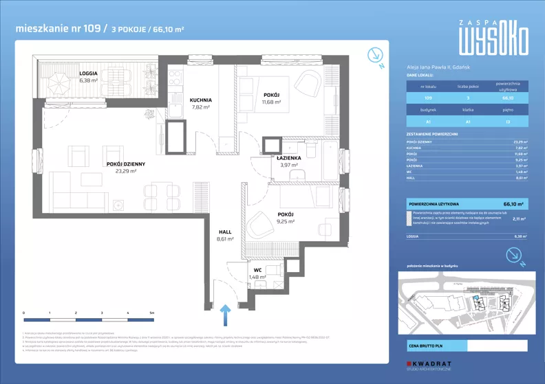 3 pokoje, mieszkanie 66,10 m², piętro 13, oferta nr A1/109, Zaspa Wysoko, Gdańsk, Zaspa, Zaspa-Młyniec, aleja Jana Pawła II