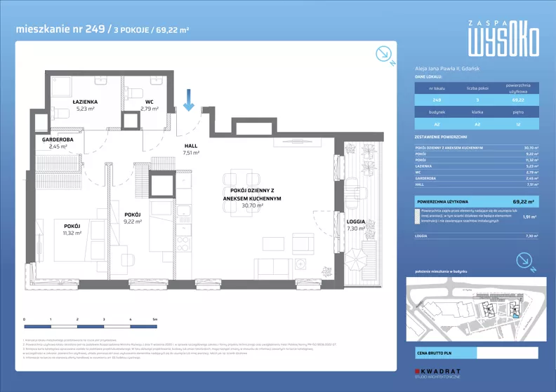 3 pokoje, mieszkanie 69,22 m², piętro 12, oferta nr A2/249, Zaspa Wysoko, Gdańsk, Zaspa, Zaspa-Młyniec, aleja Jana Pawła II