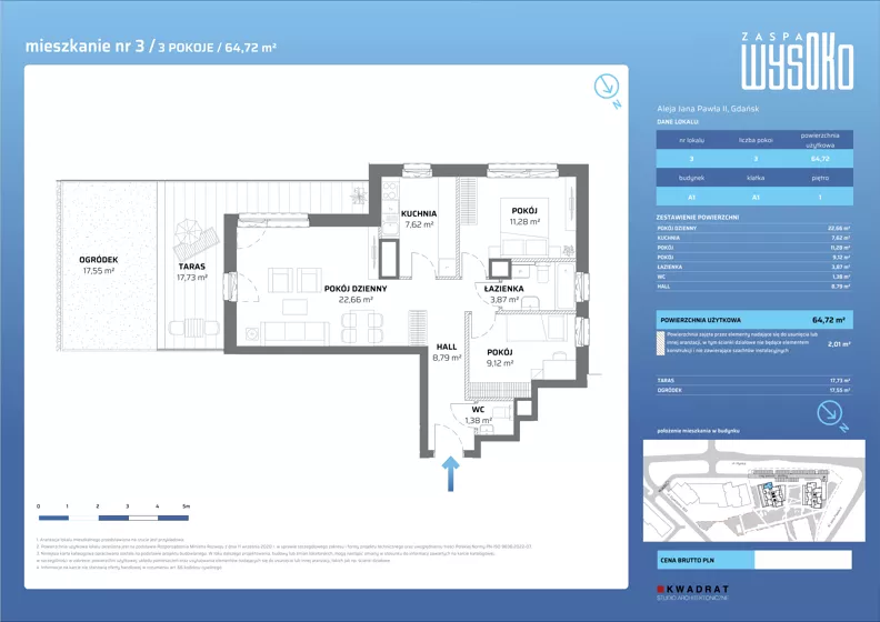 3 pokoje, mieszkanie 64,72 m², piętro 1, oferta nr A1/3, Zaspa Wysoko, Gdańsk, Zaspa, Zaspa-Młyniec, aleja Jana Pawła II