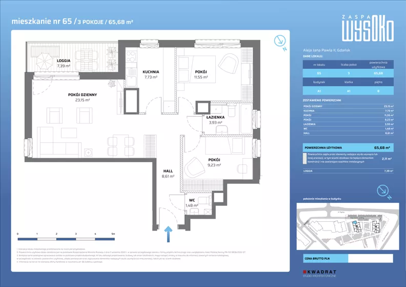 3 pokoje, mieszkanie 65,68 m², piętro 8, oferta nr A1/65, Zaspa Wysoko, Gdańsk, Zaspa, Zaspa-Młyniec, aleja Jana Pawła II