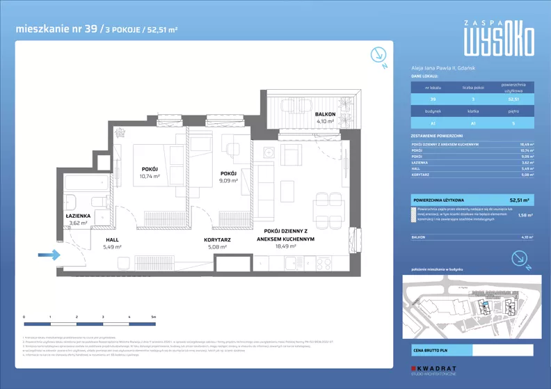 3 pokoje, mieszkanie 52,51 m², piętro 5, oferta nr A1/39, Zaspa Wysoko, Gdańsk, Zaspa, Zaspa-Młyniec, aleja Jana Pawła II
