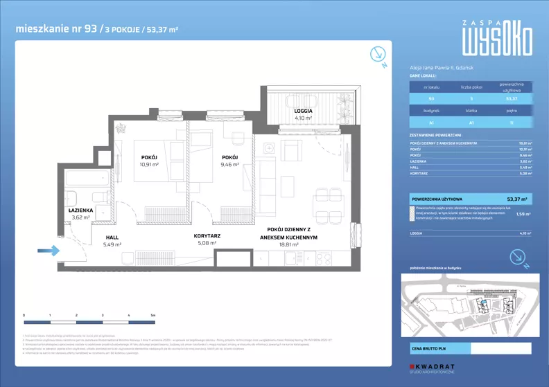 3 pokoje, mieszkanie 53,37 m², piętro 11, oferta nr A1/93, Zaspa Wysoko, Gdańsk, Zaspa, Zaspa-Młyniec, aleja Jana Pawła II