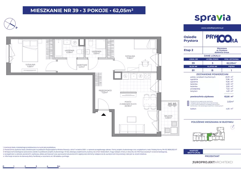 3 pokoje, mieszkanie 62,05 m², piętro 1, oferta nr 1/39, Osiedle Prystora II, Warszawa, Ursus, Skorosze, ul. Aleksandra Prystora 2