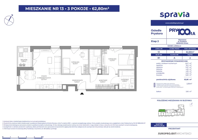 3 pokoje, mieszkanie 62,80 m², piętro 2, oferta nr 1/13, Osiedle Prystora II, Warszawa, Ursus, Skorosze, ul. Aleksandra Prystora 2
