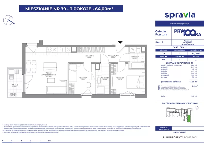 3 pokoje, mieszkanie 64,00 m², piętro 2, oferta nr 2/79, Osiedle Prystora II, Warszawa, Ursus, Skorosze, ul. Aleksandra Prystora 2