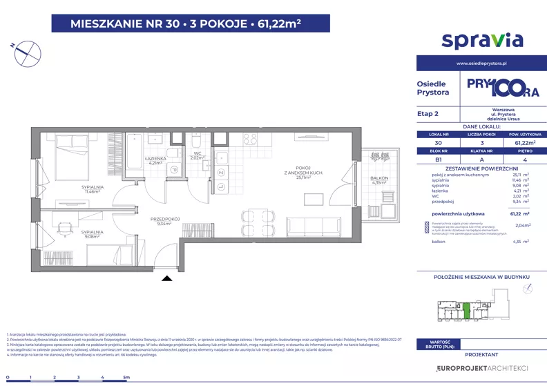 3 pokoje, mieszkanie 61,22 m², piętro 4, oferta nr 1/30, Osiedle Prystora II, Warszawa, Ursus, Skorosze, ul. Aleksandra Prystora 2