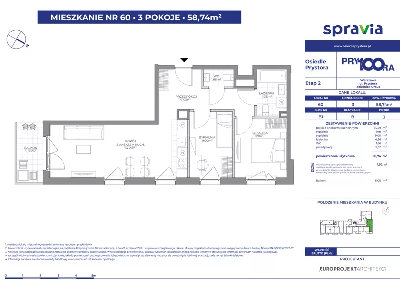 3 pokoje, mieszkanie 58,74 m², piętro 3, oferta nr 1/60, Osiedle Prystora II, Warszawa, Ursus, Skorosze, ul. Aleksandra Prystora 2