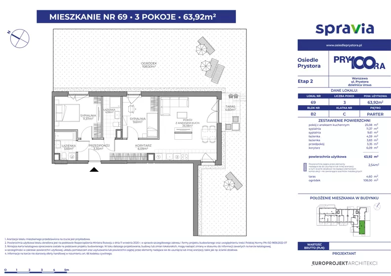 3 pokoje, mieszkanie 63,92 m², parter, oferta nr 2/69, Osiedle Prystora II, Warszawa, Ursus, Skorosze, ul. Aleksandra Prystora 2