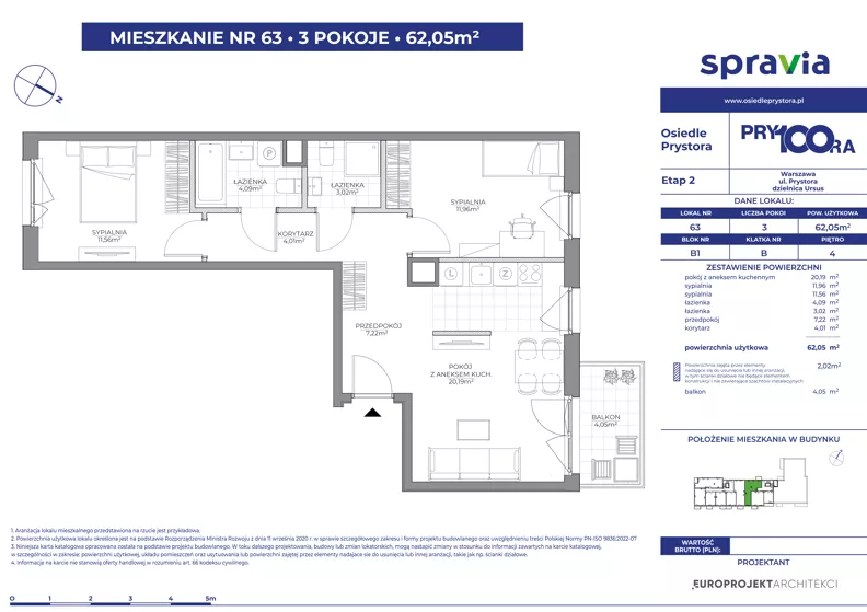 3 pokoje, mieszkanie 62,05 m², piętro 4, oferta nr 1/63, Osiedle Prystora II, Warszawa, Ursus, Skorosze, ul. Aleksandra Prystora 2