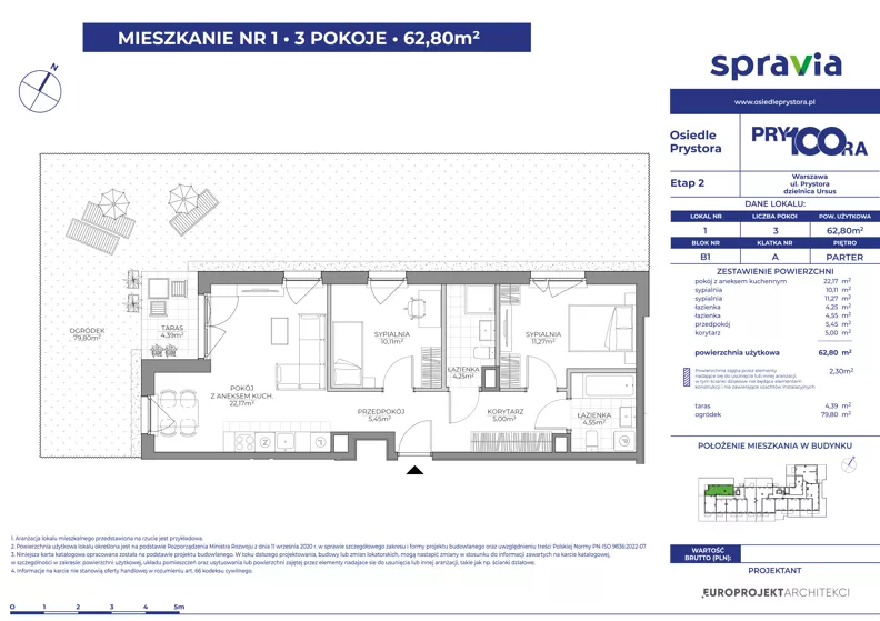 3 pokoje, mieszkanie 62,80 m², parter, oferta nr 1/1, Osiedle Prystora II, Warszawa, Ursus, Skorosze, ul. Aleksandra Prystora 2