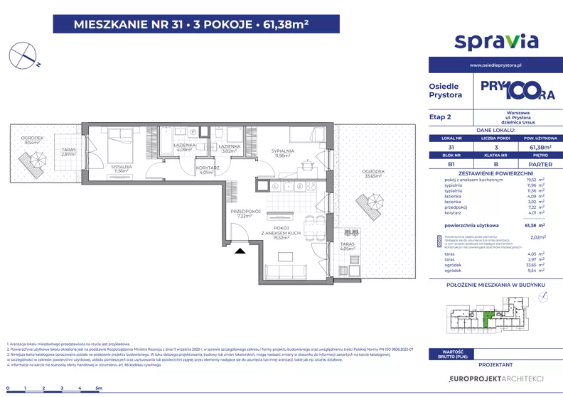 3 pokoje, mieszkanie 61,38 m², parter, oferta nr 1/31, Osiedle Prystora II, Warszawa, Ursus, Skorosze, ul. Aleksandra Prystora 2