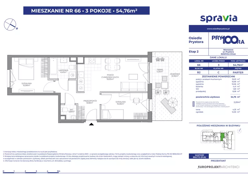 3 pokoje, mieszkanie 54,76 m², parter, oferta nr 2/66, Osiedle Prystora II, Warszawa, Ursus, Skorosze, ul. Aleksandra Prystora 2