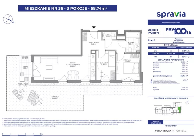 3 pokoje, mieszkanie 58,74 m², parter, oferta nr 1/36, Osiedle Prystora II, Warszawa, Ursus, Skorosze, ul. Aleksandra Prystora 2