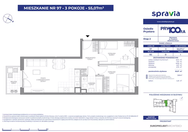 3 pokoje, mieszkanie 55,07 m², piętro 1, oferta nr 2/97, Osiedle Prystora II, Warszawa, Ursus, Skorosze, ul. Aleksandra Prystora 2