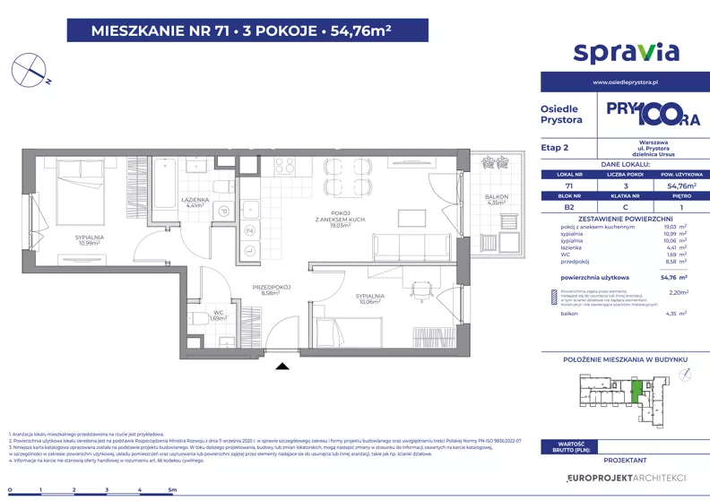 3 pokoje, mieszkanie 54,76 m², piętro 1, oferta nr 2/71, Osiedle Prystora II, Warszawa, Ursus, Skorosze, ul. Aleksandra Prystora 2