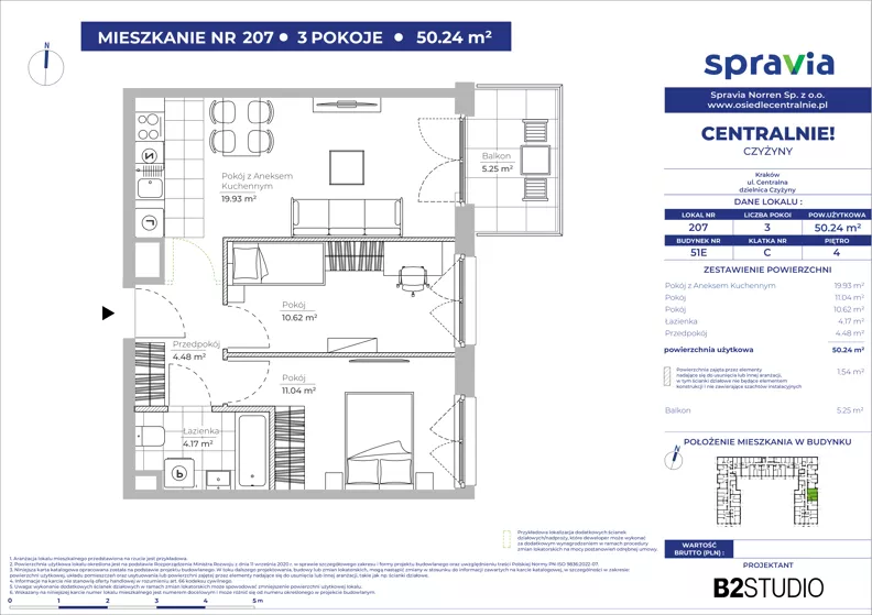 3 pokoje, mieszkanie 50,24 m², piętro 4, oferta nr 51E/207, Osiedle Centralnie!, Kraków, Czyżyny, Łęg, ul. Centralna 51D, 51E