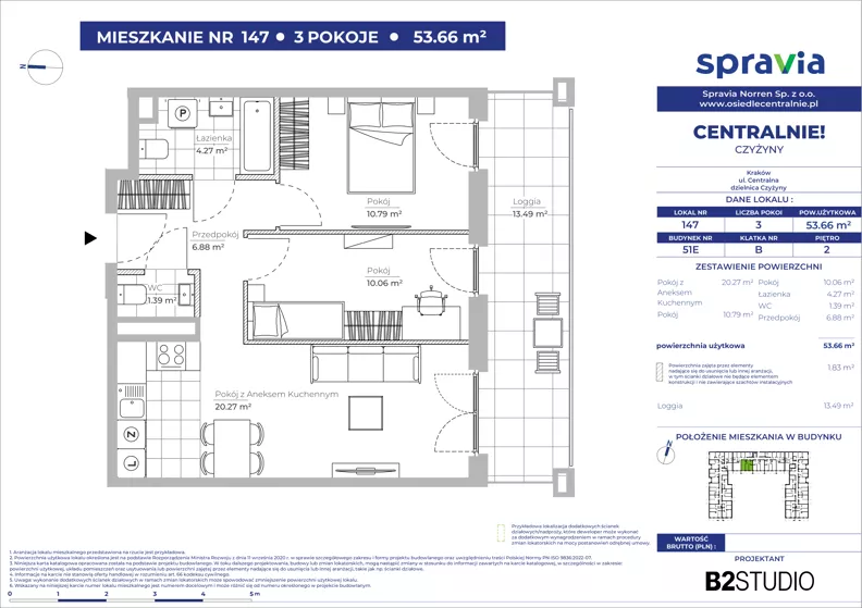 3 pokoje, mieszkanie 53,66 m², piętro 2, oferta nr 51E/147, Osiedle Centralnie!, Kraków, Czyżyny, Łęg, ul. Centralna 51D, 51E