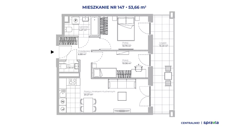 3 pokoje, mieszkanie 53,66 m², piętro 2, oferta nr 51E/147, Osiedle Centralnie!, Kraków, Czyżyny, Łęg, ul. Centralna 51D, 51E