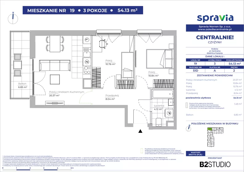 3 pokoje, mieszkanie 54,13 m², piętro 2, oferta nr 51D/19, Osiedle Centralnie!, Kraków, Czyżyny, Łęg, ul. Centralna 51D, 51E