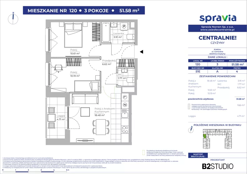 3 pokoje, mieszkanie 51,58 m², piętro 4, oferta nr 51E/120, Osiedle Centralnie!, Kraków, Czyżyny, Łęg, ul. Centralna 51D, 51E