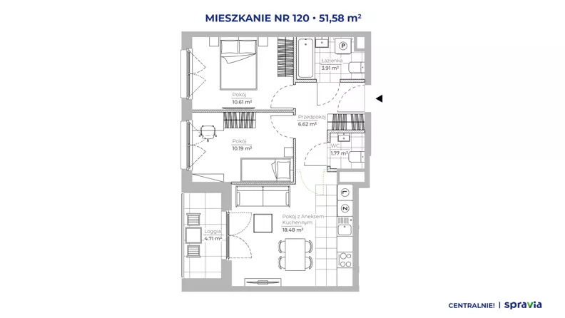3 pokoje, mieszkanie 51,58 m², piętro 4, oferta nr 51E/120, Osiedle Centralnie!, Kraków, Czyżyny, Łęg, ul. Centralna 51D, 51E