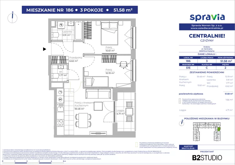 3 pokoje, mieszkanie 51,58 m², piętro 2, oferta nr 51E/186, Osiedle Centralnie!, Kraków, Czyżyny, Łęg, ul. Centralna 51D, 51E