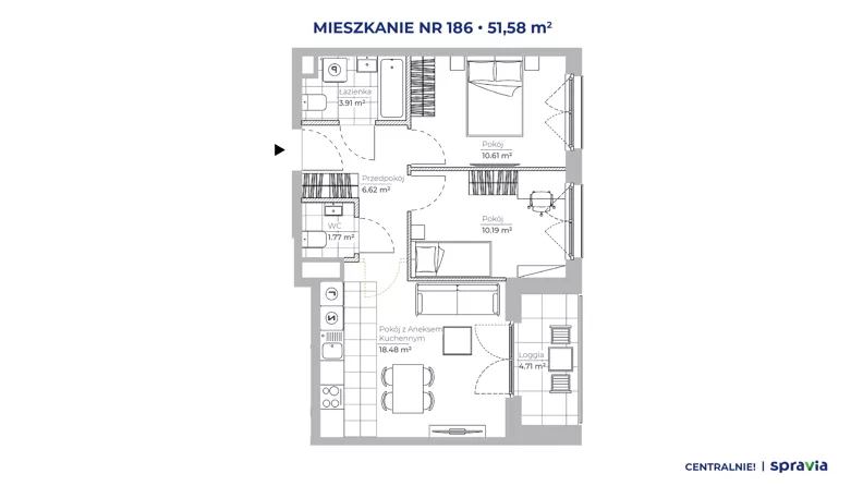 3 pokoje, mieszkanie 51,58 m², piętro 2, oferta nr 51E/186, Osiedle Centralnie!, Kraków, Czyżyny, Łęg, ul. Centralna 51D, 51E