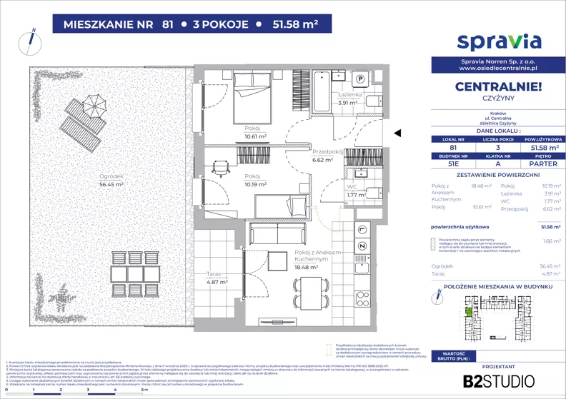 3 pokoje, mieszkanie 51,58 m², parter, oferta nr 51E/81, Osiedle Centralnie!, Kraków, Czyżyny, Łęg, ul. Centralna 51D, 51E