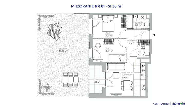 3 pokoje, mieszkanie 51,58 m², parter, oferta nr 51E/81, Osiedle Centralnie!, Kraków, Czyżyny, Łęg, ul. Centralna 51D, 51E