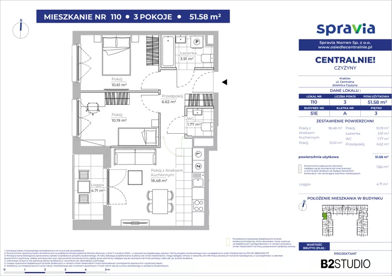 3 pokoje, mieszkanie 51,58 m², piętro 3, oferta nr 51E/110, Osiedle Centralnie!, Kraków, Czyżyny, Łęg, ul. Centralna 51D, 51E