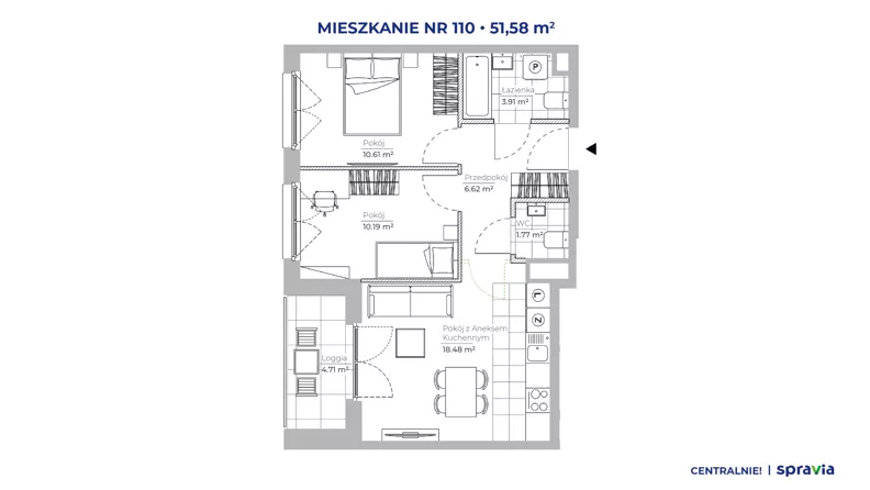 3 pokoje, mieszkanie 51,58 m², piętro 3, oferta nr 51E/110, Osiedle Centralnie!, Kraków, Czyżyny, Łęg, ul. Centralna 51D, 51E