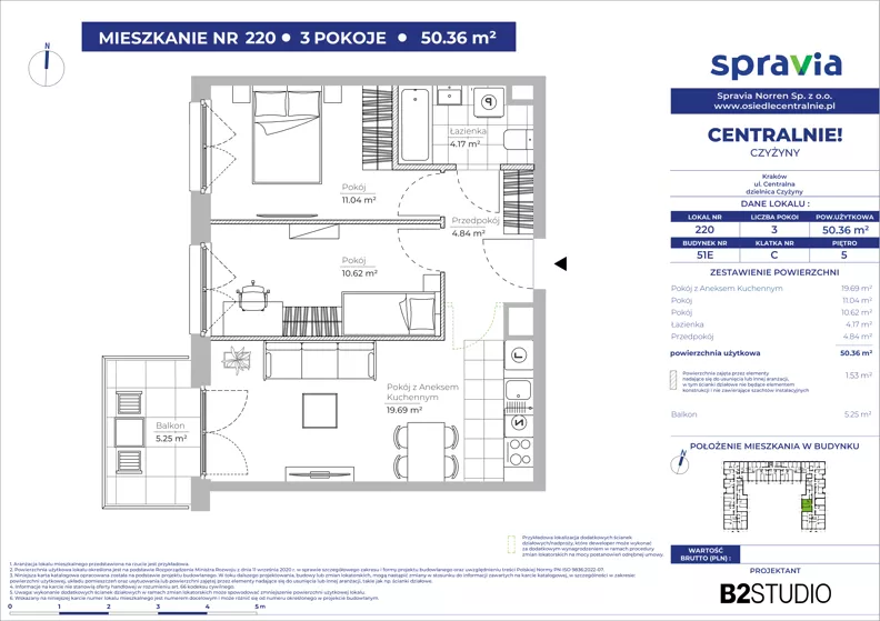 3 pokoje, mieszkanie 50,36 m², piętro 5, oferta nr 51E/220, Osiedle Centralnie!, Kraków, Czyżyny, Łęg, ul. Centralna 51D, 51E