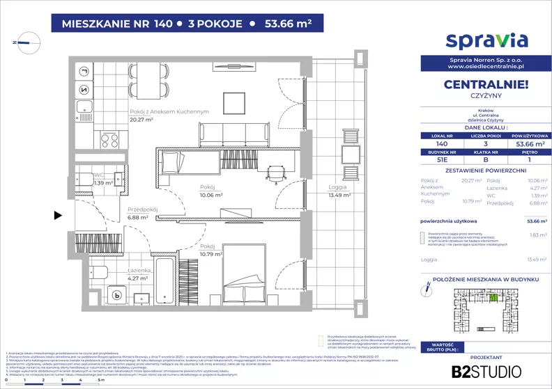 3 pokoje, mieszkanie 53,66 m², piętro 1, oferta nr 51E/140, Osiedle Centralnie!, Kraków, Czyżyny, Łęg, ul. Centralna 51D, 51E