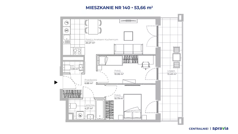 3 pokoje, mieszkanie 53,66 m², piętro 1, oferta nr 51E/140, Osiedle Centralnie!, Kraków, Czyżyny, Łęg, ul. Centralna 51D, 51E